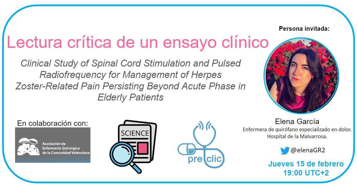 Esta semana volvemos con #PreClicLectura !!

Tema: dolor crónico post herpes zóster, estimulación médula espinal VS radiofrecuencia.
🗓️15-feb-2024 19:00 UTC+1
📍bit.ly/24PreClicLectu…

Invitada: <a href="/elenaGR2/">Elena García Redondo</a> 

Os esperamos en la casa de la crítica, #LaCritiquerie
