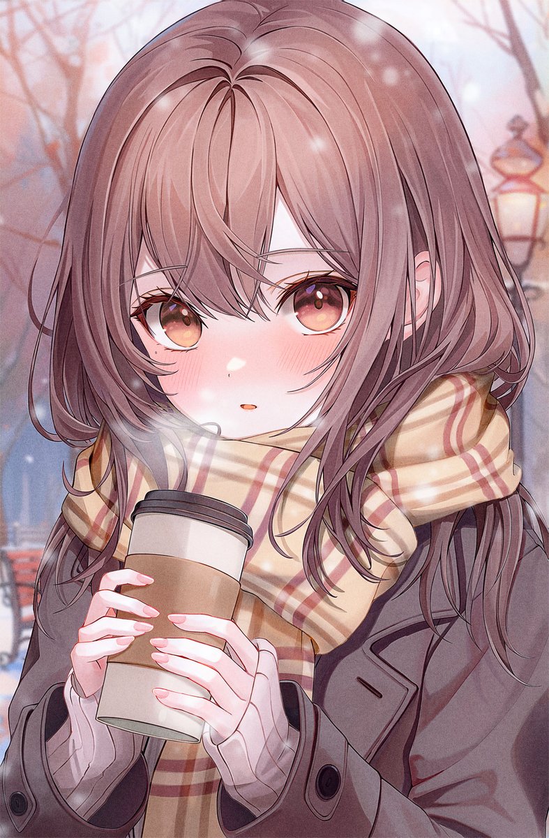 1girl scarf solo holding brown hair blush looking at viewer  illustration images