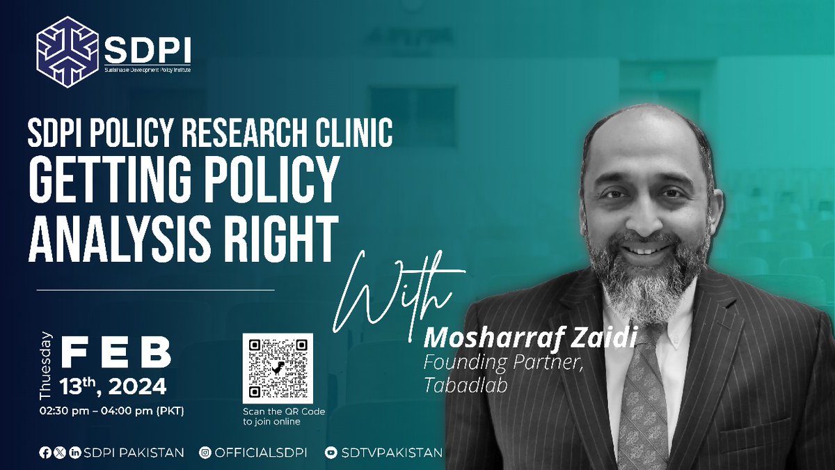 📢 Excited for tomorrow's discussion on; 'SDPI's Policy Research Clinic: Getting Policy Analysis Right' by Mr. @mosharrafzaidi (Founding Partner, @tabadlab) at the SDPI Policy Research Clinic! 📅Tuesday 1⃣3⃣th Feb, 2024 🕒2:30-4:00 pm PKT 🔗bit.ly/48fFmlJ Join us as…