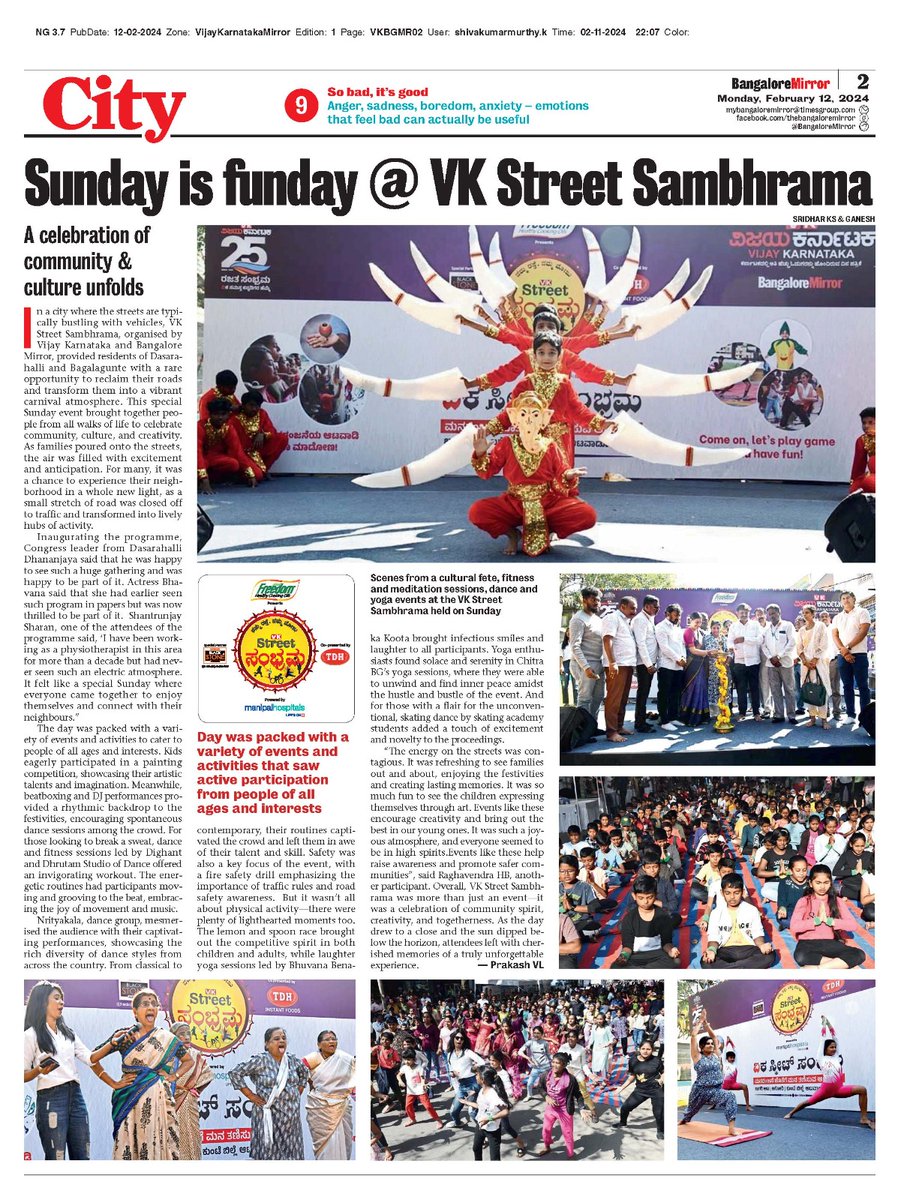 VK Street Sambrama @dasarahalli The weekend has been jam-packed! We appreciate Darsarhalli residents' fantastic turnaround on Sunday. #WeekendVibes #fun #streetfest @manipalhospital @FreedomOil_In @Vijaykarnataka @BangaloreMirror