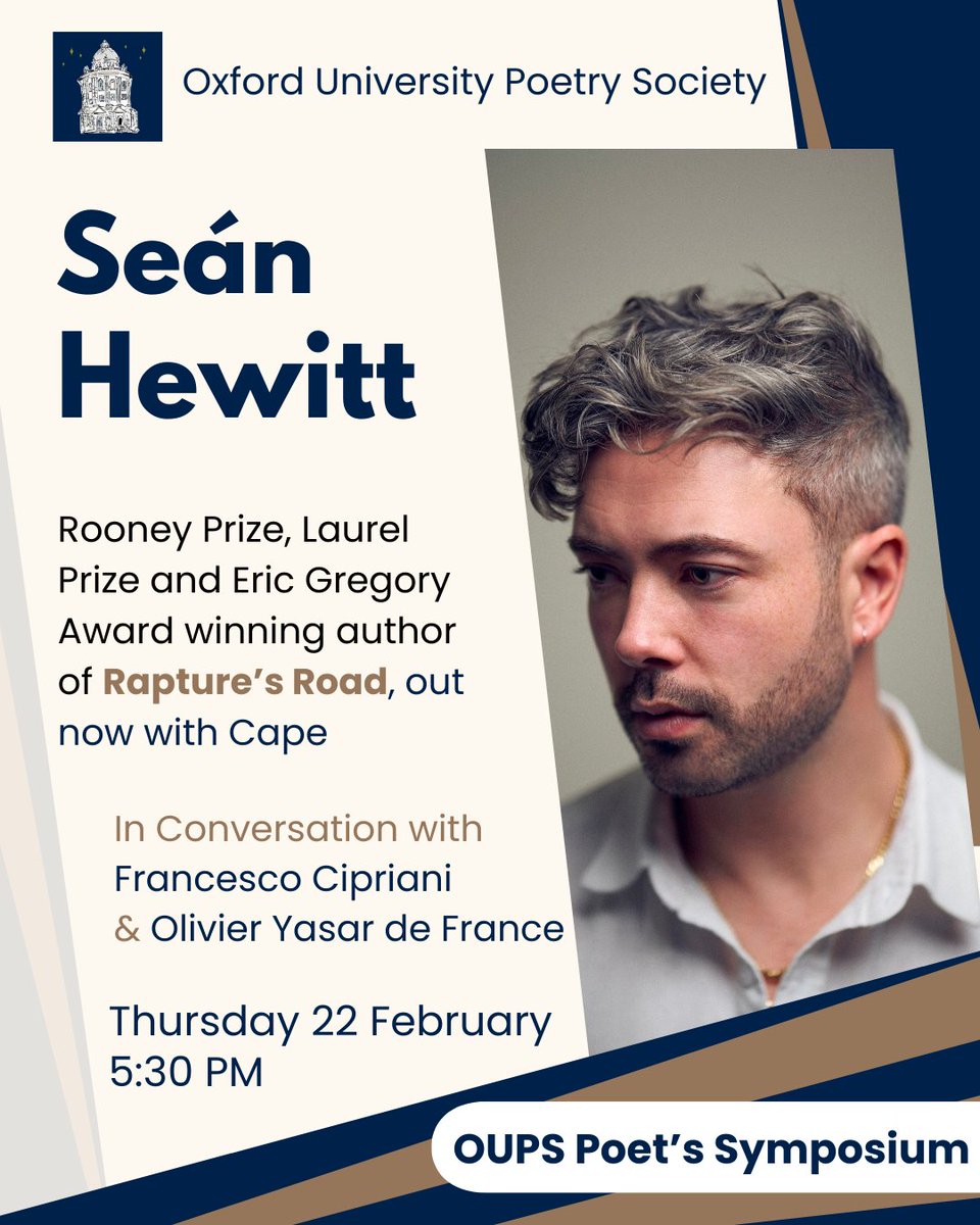 On 22nd Feb, I'll be joining the Oxford University Poetry Society to read from Rapture's Road and to talk about my work. It would be great to see you there! You can register for a ticket here: docs.google.com/forms/d/e/1FAI…