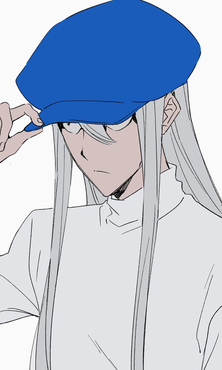 solo 1boy hat male focus blue headwear long hair white background  illustration images