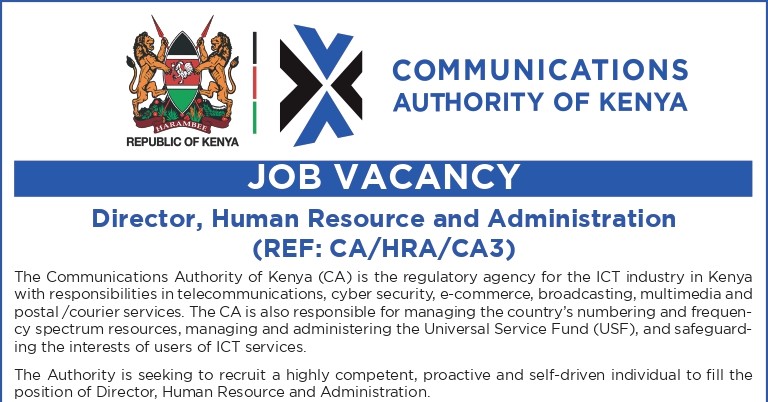 CA_Kenya's tweet photo. Job Vacancy Notice:
The Authority is seeking to recruit highly motivated &amp; competent individuals to fill these positions:
1. Director/Human Resource &amp; Administration
2. Executive Office Administrator
Got what it takes? For details, check our website: https://t.co/2uUNOdIOWd https://t.co/dBpqlVKInF