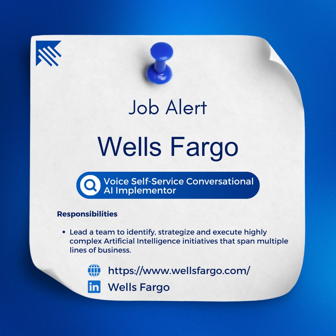MLJobsAi's tweet photo. Join Wells Fargo as a Senior AI Solutions Consultant and lead the charge in building our next-gen Voice Self-Service platform using cutting-edge AI.
#AI #VoiceTech #Banking #Careers #Innovation #FutureofWork #MLJobs #ArtificialIntelligenceJobs #MachineLearningJobs #DataScienceJob https://t.co/aXhxMQur8c
