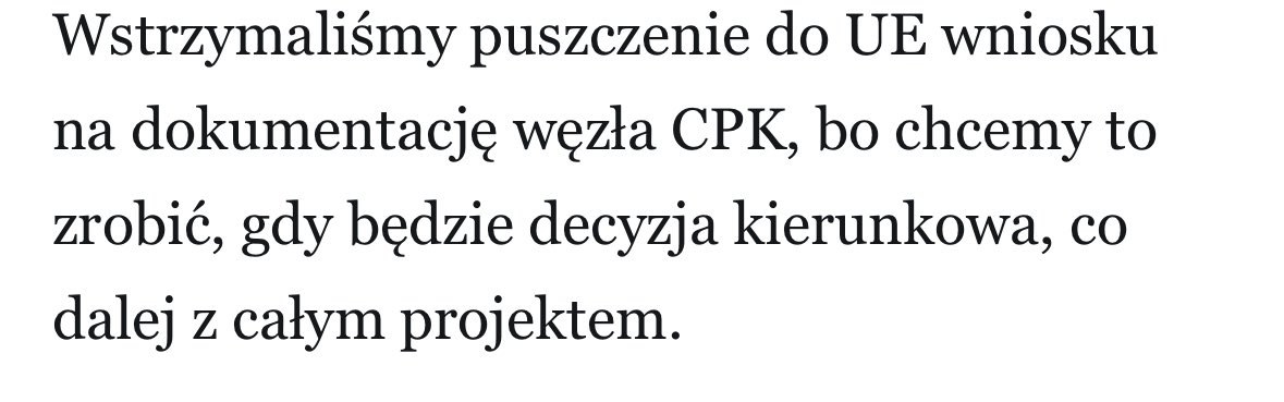 Pamiętacie te opowieści o „niedojrzałych” projektach, co miało być powodem niezłożenia wniosków o unijne finansowanie (na linię Warszawa - Łódź i węzeł CPK)?

No to prawdziwe powody wyjawił <a href="/LasekMaciej/">Maciej Lasek</a> w wywiadzie u <a href="/jarek_osowski/">Jarosław Osowski</a> w <a href="/gazeta_wyborcza/">Gazeta Wyborcza.pl</a>

  🤷🏻‍♀️🤷🏻‍♀️🤷🏻‍♀️

Dodajmy, decyzja o