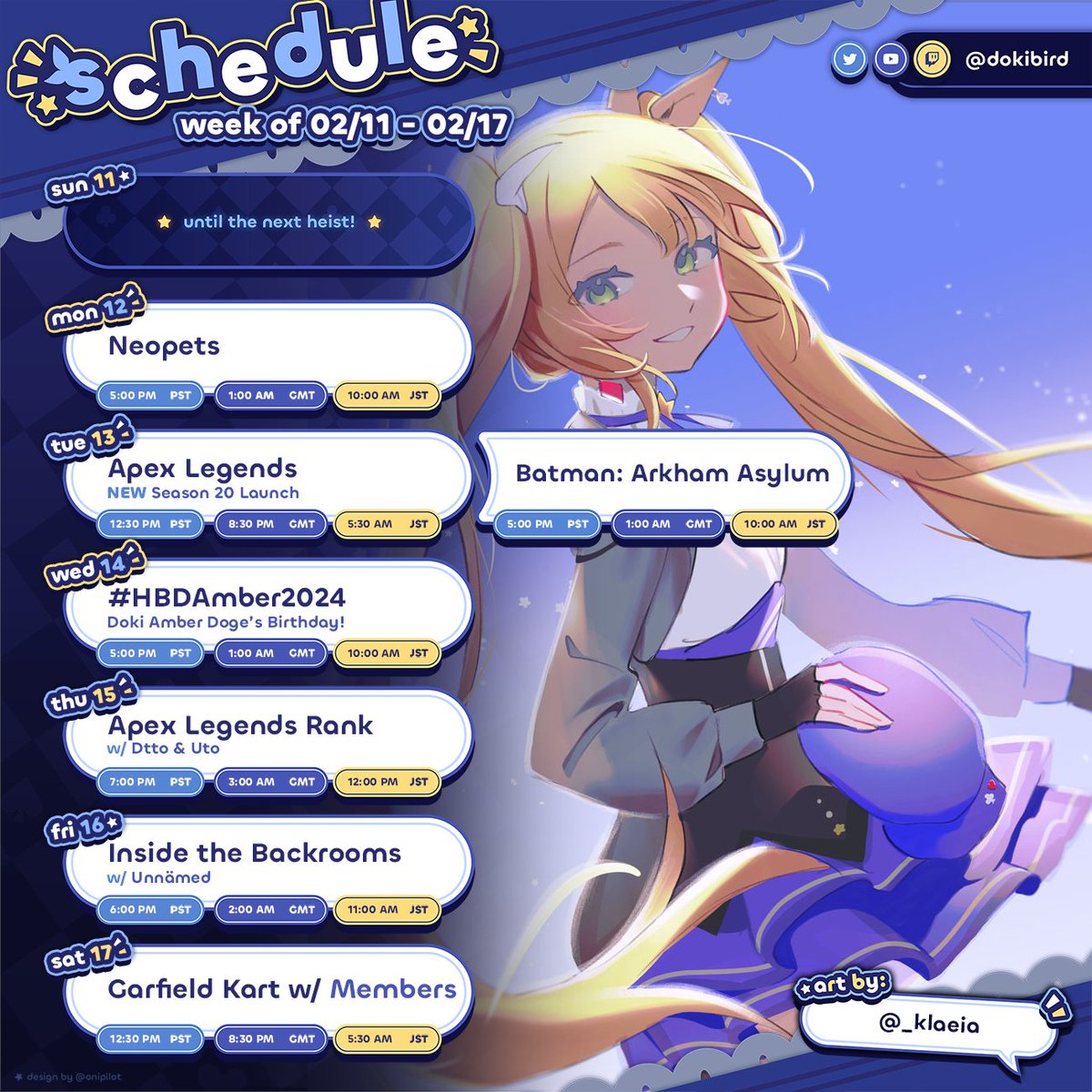 「Weekly Schedule &amp; Tags」
FEBRUARY 11th - FEBRUARY 17th
GENERAL: #Dokibird
LIVE: #Birdseaters
ART: #DokiGallery / NSFW: #Lewdtomato
COSPLAY: #Dokigram
MERCH: #Dokishrine
FAN NAME: Dragoons
CLIPS: #Dokiclips
PROPS/THUMBNAIL: #Propbird
MEMES: #jkterjter