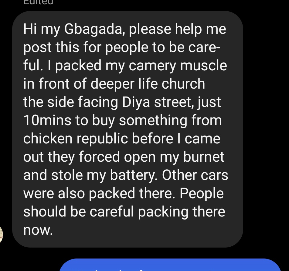 MyGbagada's tweet photo. Heads up!

Parked vehicle's battery removed on Diya street. https://t.co/QVPPD7yS2l