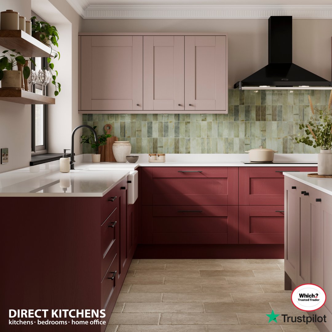 Do you prefer kitchens with a bit of colour? Give the classic cupboard design of a Pendle kitchen a modern edge with a pink & red colour combination. Finish with gleaming white worktops & contemporary matt black handles for a sleek & stylish look. #KitchenDesign #KitchenInspo