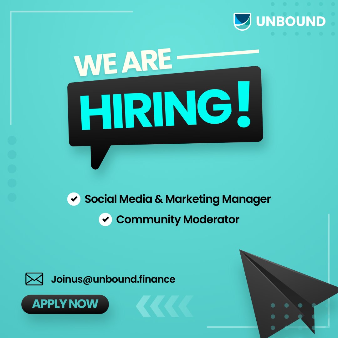 📢 Join our team at Unbound! 🚀 We're seeking passionate individuals to fill key roles: ⏩Social Media & Marketing Manager ⏩Community Moderator If you're enthusiastic about blockchain and eager to contribute, apply now! Send your resumes to joinus@unbound.finance. #Hiring