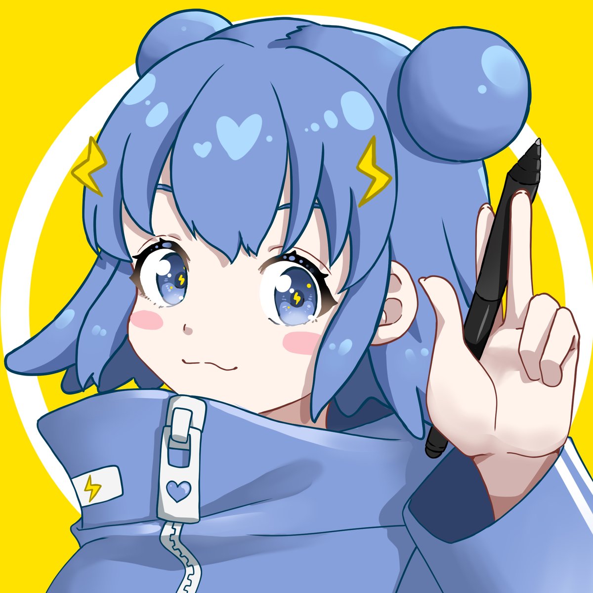 1girl solo double bun blue eyes blue hair hair bun stylus  illustration images