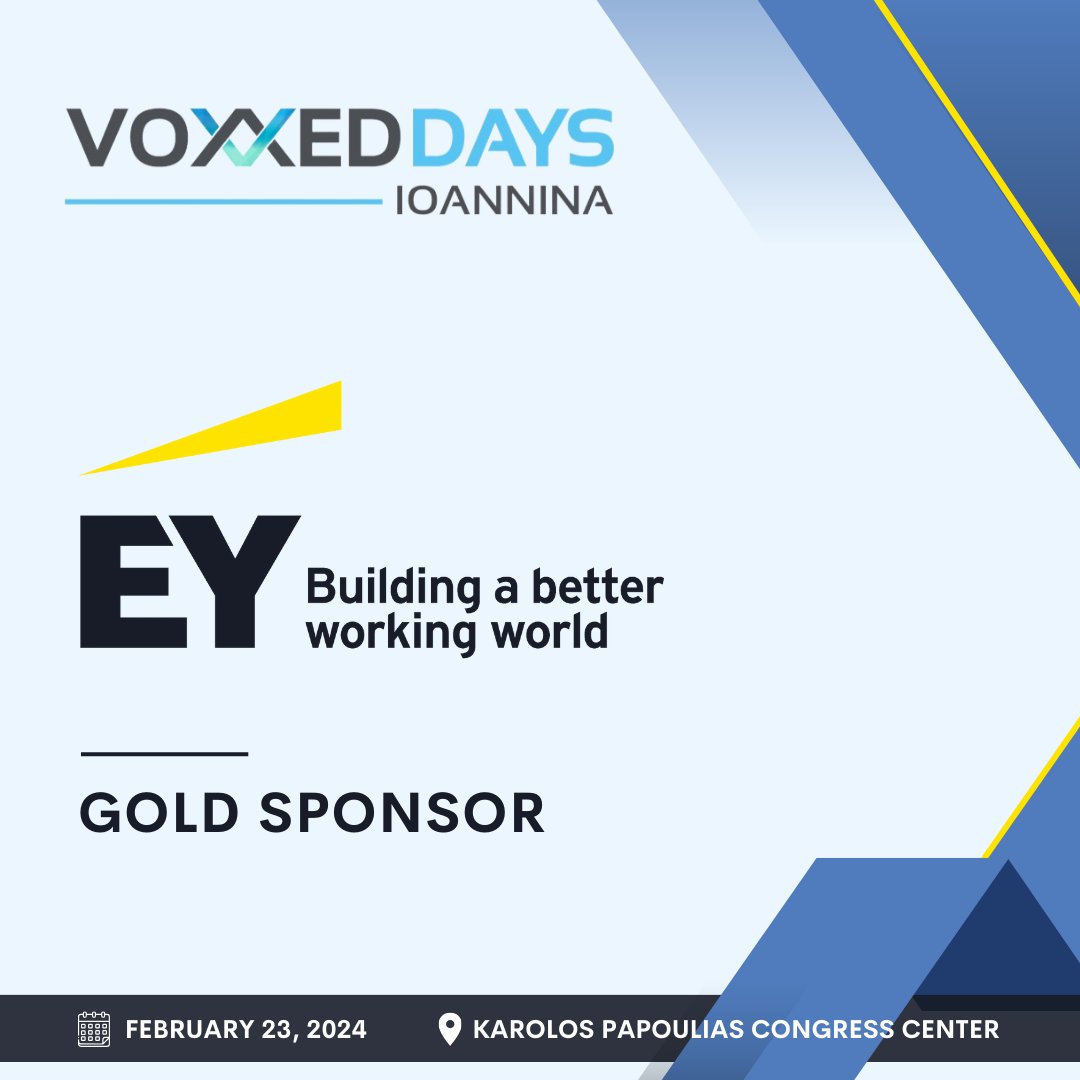 🎉 We're thrilled to announce that @EY_Greece  is joining us as a Gold Sponsor!  

EY's commitment to innovation and excellence aligns perfectly with our mission to foster collaboration and knowledge sharing within the tech community. 

#VoxxedDaysIoannina #EY #EYGreece