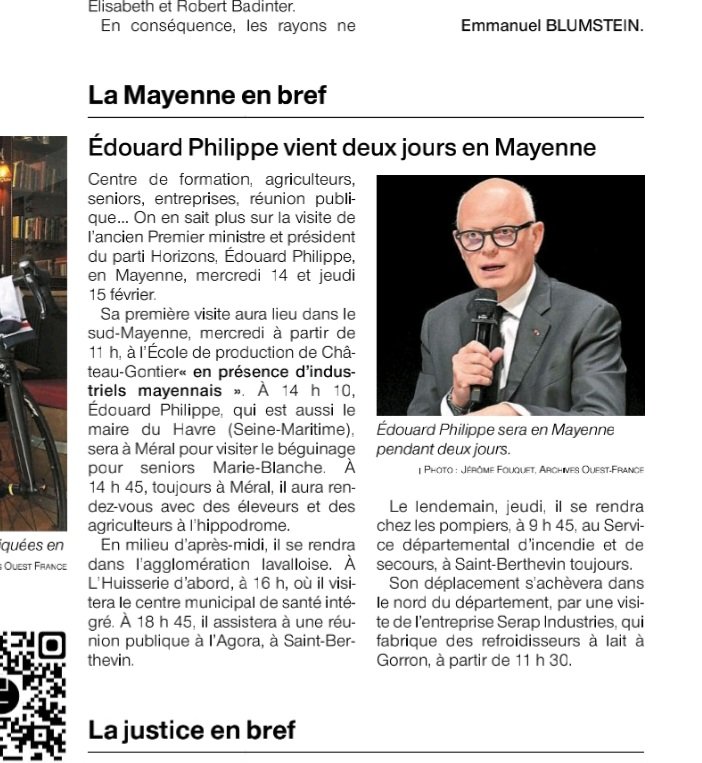 Le programme d’ <a href="/EPhilippe_LH/">Edouard Philippe</a> en <a href="/lamayenne/">La Mayenne, le Département</a> élaboré en concertation avec les maires <a href="/HorizonsLeParti/">Horizons</a> <a href="/RichardCHAMARET/">Richard CHAMARET</a> <a href="/guymenard53/">MENARD Guy</a> JP Thiot et moi-même avec un passage prévu sur nos communes de <a href="/MERAL_France/">Commune de MÉRAL 🇫🇷</a> <a href="/lhuisserie/">L'Huisserie</a> <a href="/saintberthevin/">Saint-Berthevin</a> et Ambrière les Vallées 
🙏 <a href="/Horizons53/">Horizons | Mayenne</a>