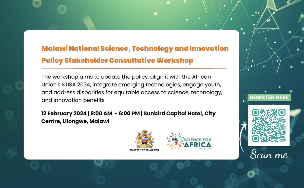 Over the next three days, we will be providing technical policy support to the government of Malawi as they review the country's draft National Science, Technology and Innovation Policy. Join the conversation online here bit.ly/3SHfF8T