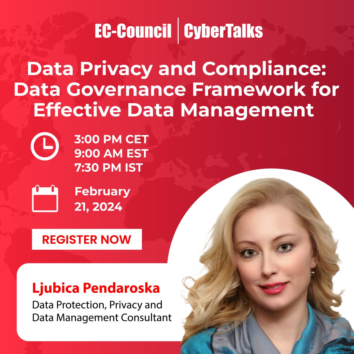 ECCOUNCIL's tweet image. In our February 21st #Webinar, Ljubica Pendaroska will offer crucial insights, from #DataGovernanceFramework to risk, compliance, and strategies to protect your organization’s #DataSecurity. 

Register now: bit.ly/48LyQ7e 

#CyberSecurity #ECCouncil #CND