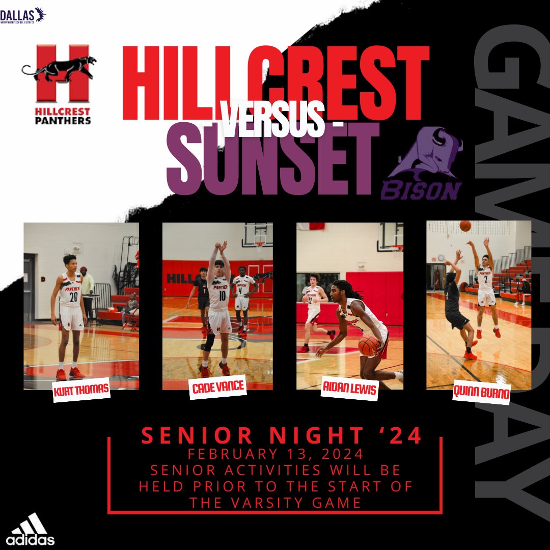 🚨Tomorrow🚨

#HillcrestHustle will be in action at home versus Sunset. It’s our senior night so come out and celebrate our 4 seniors in their final home game at Hillcrest. JV starts at 6:00P followed by Varsity at 7:30. Senior festivities will happen prior to the varsity game