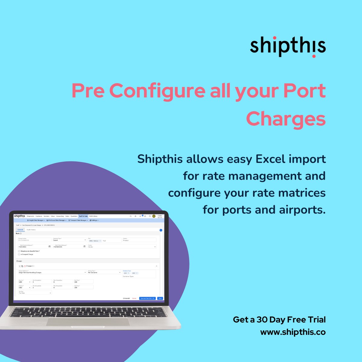 Streamline your logistics and take control of your rate management with Shipthis. Our all-in-one solution simplifies the process by allowing seamless Excel imports, making it easier than ever to configure your rate matrices for both ports & airports. #Shipthis #Freightforwarding