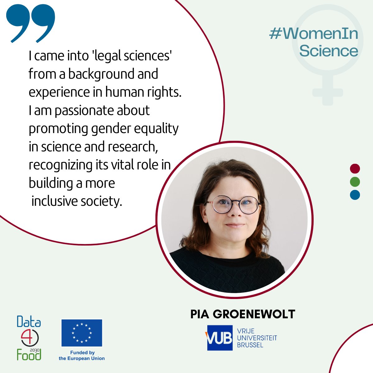 🎉We continue celebrating the brilliant female scientists of the @Data4Food2030 constortium! ✨Today, we present Pia Groenewolt, researcher at @VUBrussel, who shares with us her perspective. 👇 Let's join forces towards #genderequality in science and beyond! ♀️ #womeninscience