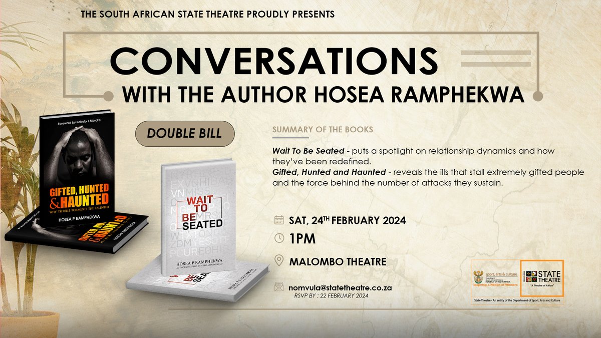 sastatetheatre's tweet photo. From Page to Discussion: A Double Feature! Dive into the worlds of two extraordinary books by one author in our double bill event of Hosea Ramphekwa on 24th February 2024 @ 1PM #SAST #CTWA #DOUBLEBILL #HOSEARAMPHEKWA #TWOBOOKSONEAUTHOR #BOOKOCLOCK https://t.co/g3YWMlrmW0