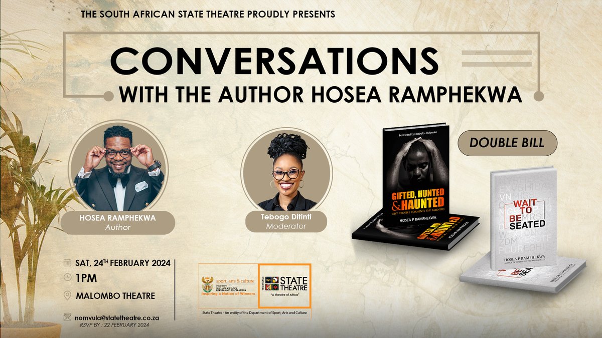 sastatetheatre's tweet photo. From Page to Discussion: A Double Feature! Dive into the worlds of two extraordinary books by one author in our double bill event of Hosea Ramphekwa on 24th February 2024 @ 1PM #SAST #CTWA #DOUBLEBILL #HOSEARAMPHEKWA #TWOBOOKSONEAUTHOR #BOOKOCLOCK https://t.co/g3YWMlrmW0