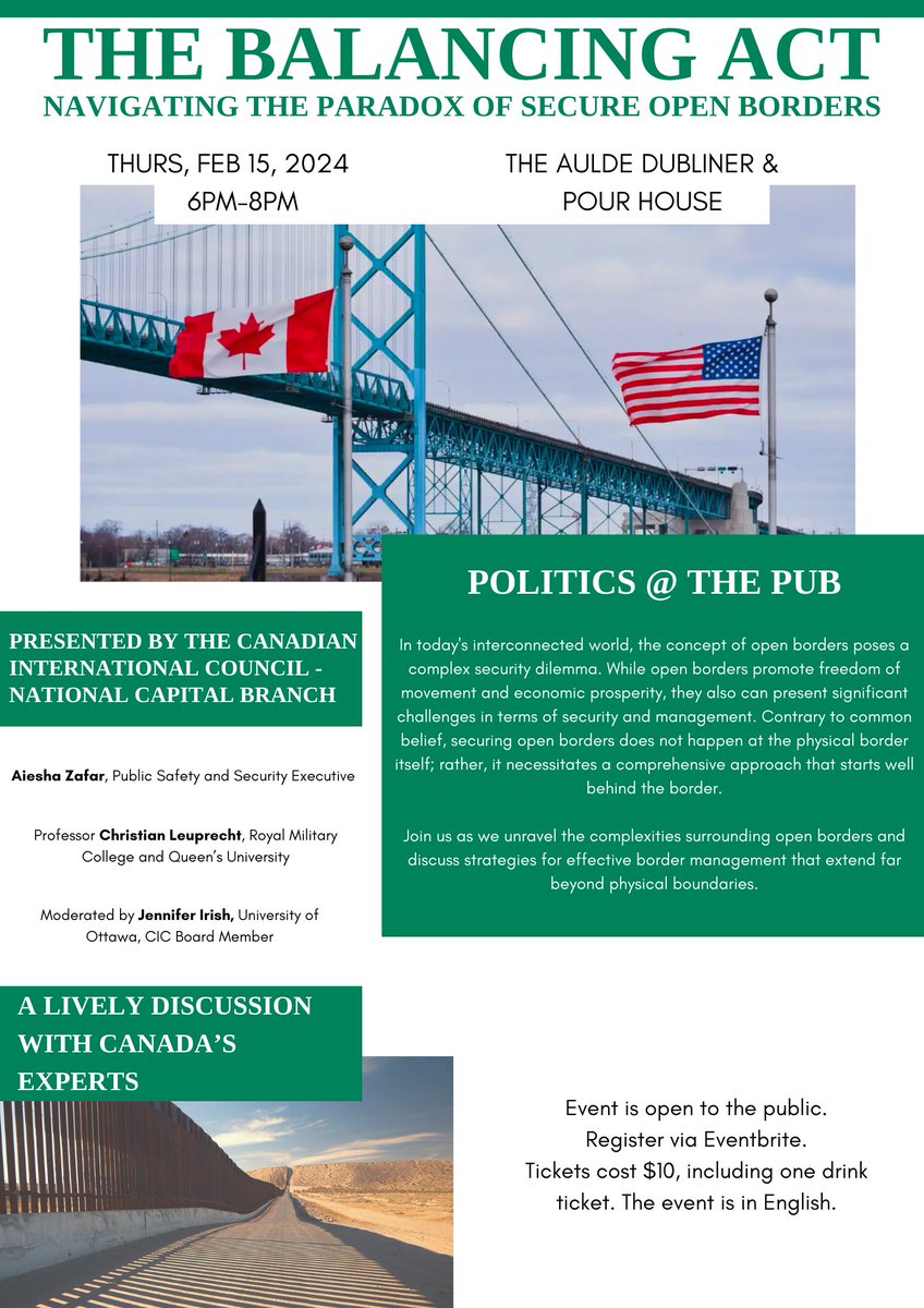 Don't miss out - Sign Up Now Event Details: When: Thursday, February 15 from 6 PM - 8 PM. Where: THE AULDE DUBLINER & POUR HOUSE Registration Cost: $10 eventbrite.ca/e/the-balancin… Speakers: Christian Leuprecht Jennifer Irish and Alesha Zafar