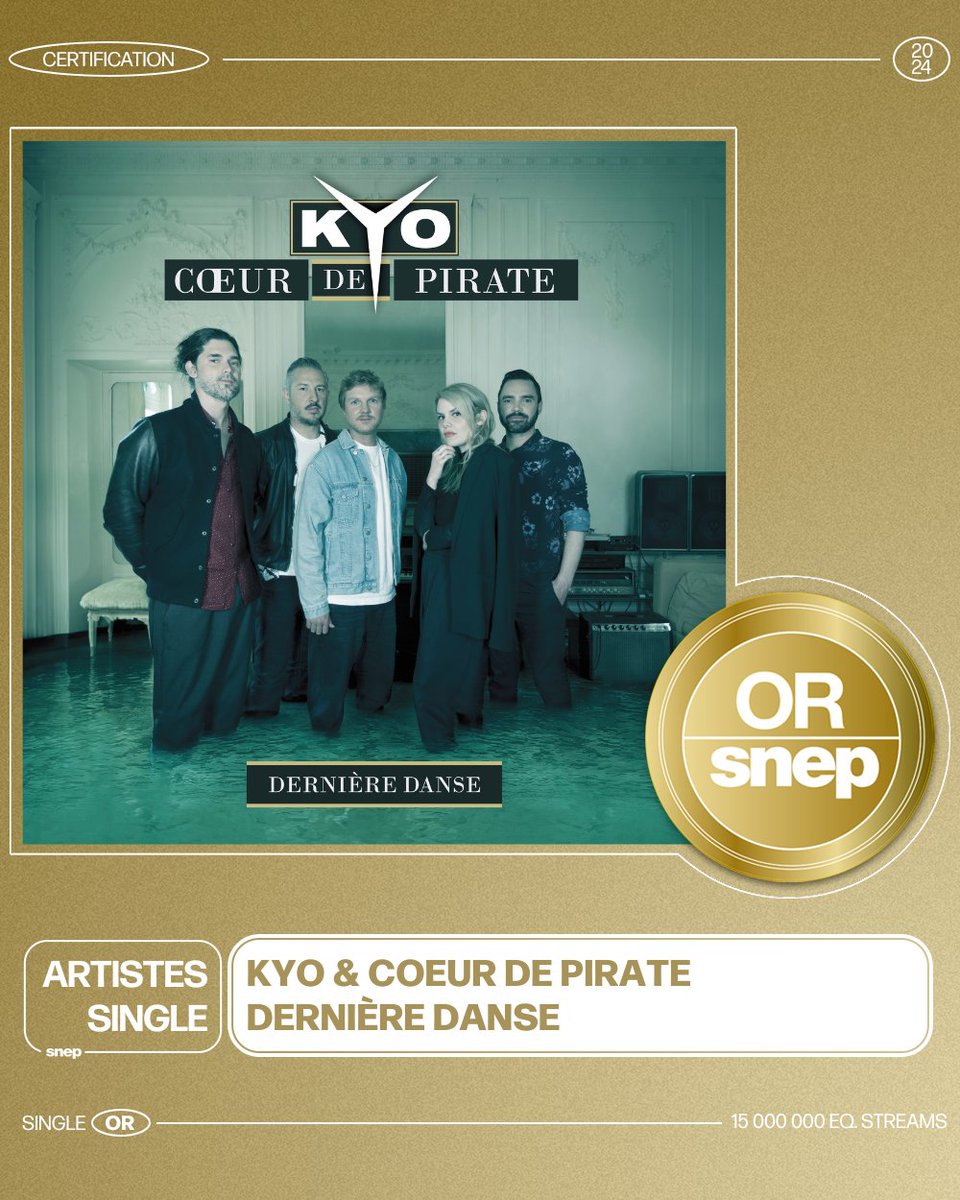 Le titre « Dernière danse » de Kyo & Coeur de Pirate est certifié Single Or ! 📀 15 000 000 équivalents streams 🎧 Bravo ! 👏