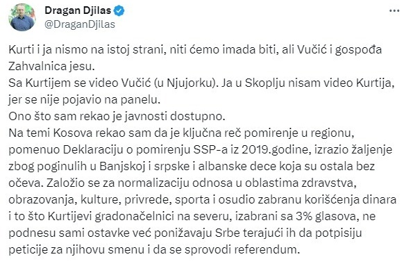 Vladimir_Orlic's tweet image. Ђилас: "Курти и ја нисмо на истој страни! Само смо у партијској сарадњи.. Кад нас окупи Шидер, умемо ја и ови моји да потписом подржимо европски пут Косова, заједно са Куртијем, то да. И исти текст имамо, кад треба на рачун Вучића и Србије нешто.. Али на панелу се није појавио!"