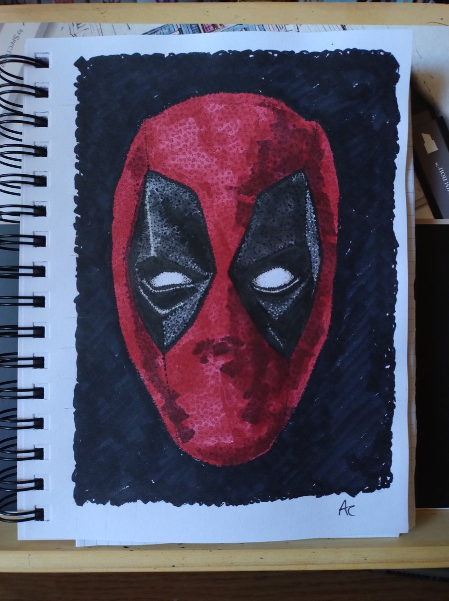 adamsaurous's tweet photo. Quick portrait. Pointillism and alcohol markers.
#Deadpool3 https://t.co/My1FtYkPq7
