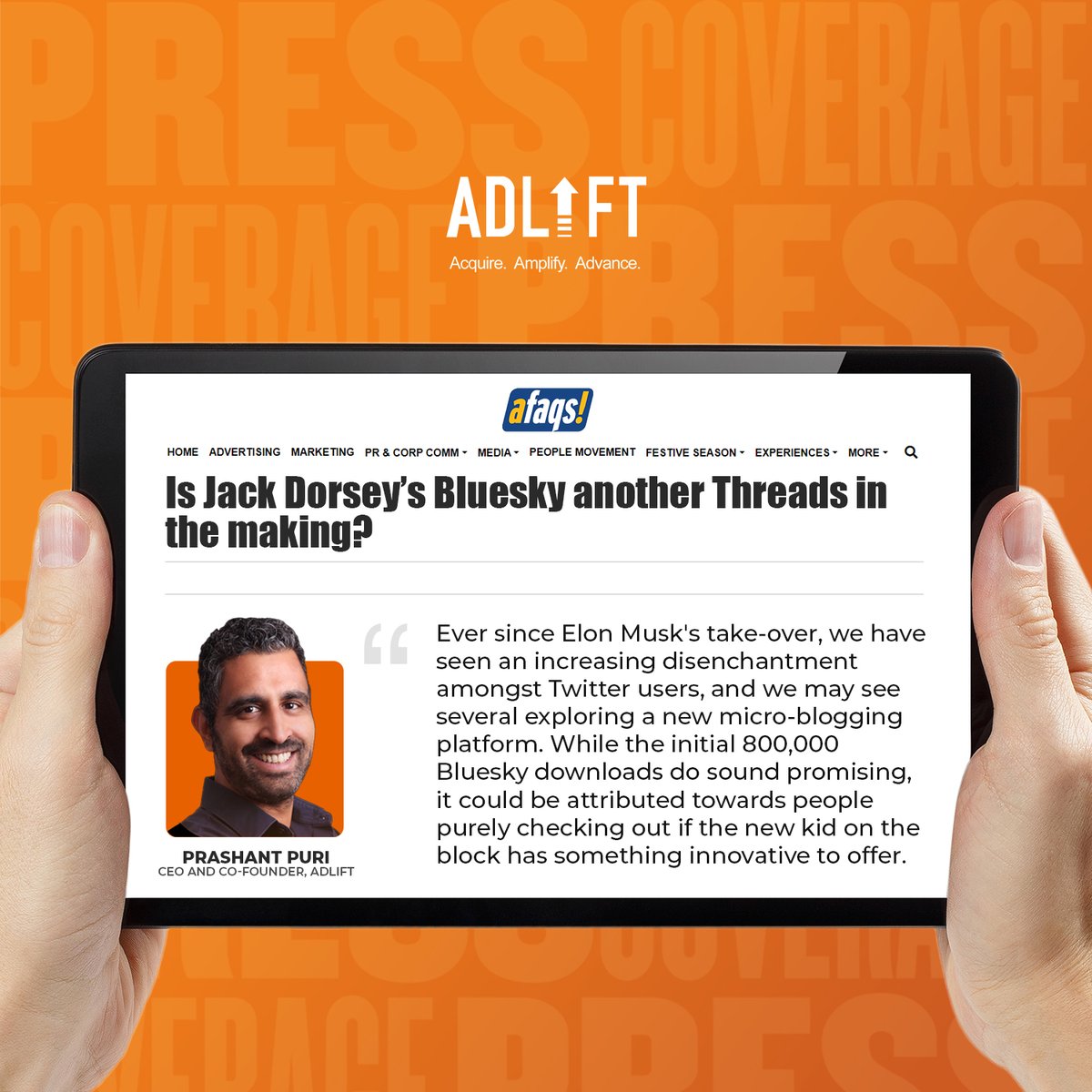 AdLiftIndia's tweet photo. There's a new kid on the block- Bluesky! Will Jack Dorsey's micro blogging platform resonate? Catch Prashant Puri, CEO and Co-founder, AdLift in conversation with @afaqs, Ubaid Zargar as he shares his insights on the same
Link to the article: https://t.co/Epy2pYdlk0
#AdLift #PR https://t.co/sxi4S2POEA