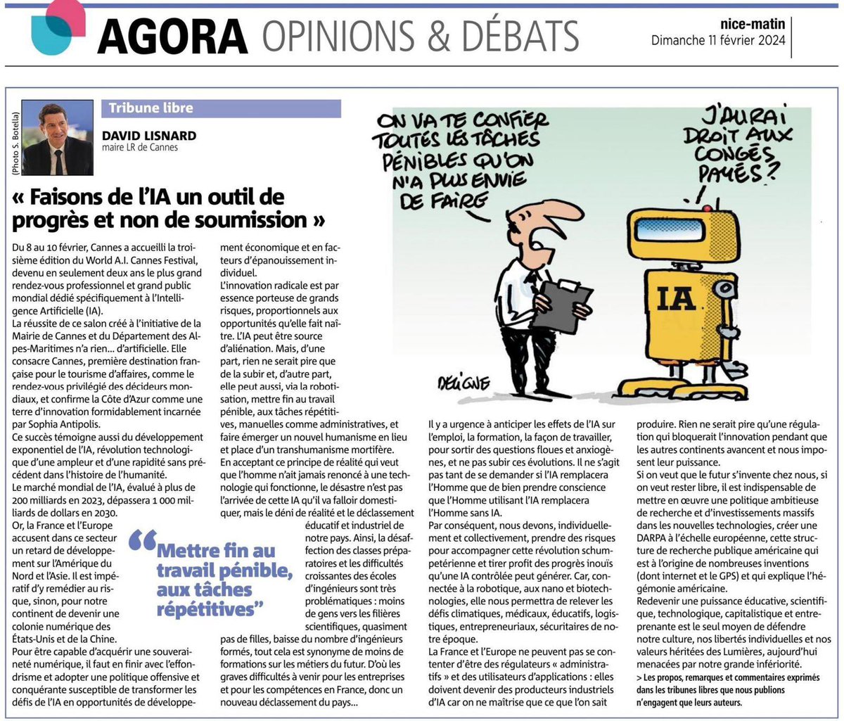 Nouv_Energie's tweet photo. Faire de l’Intelligence Artificielle un outil de progrès et non de soumission.

Alors que vient de s’achever à Cannes le festival mondial dédié à l’#IA, devenu une référence internationale, @davidlisnard s’exprime sur la nécessité de maîtriser ces nouvelles technologies. https://t.co/RHN9WNQ4aW