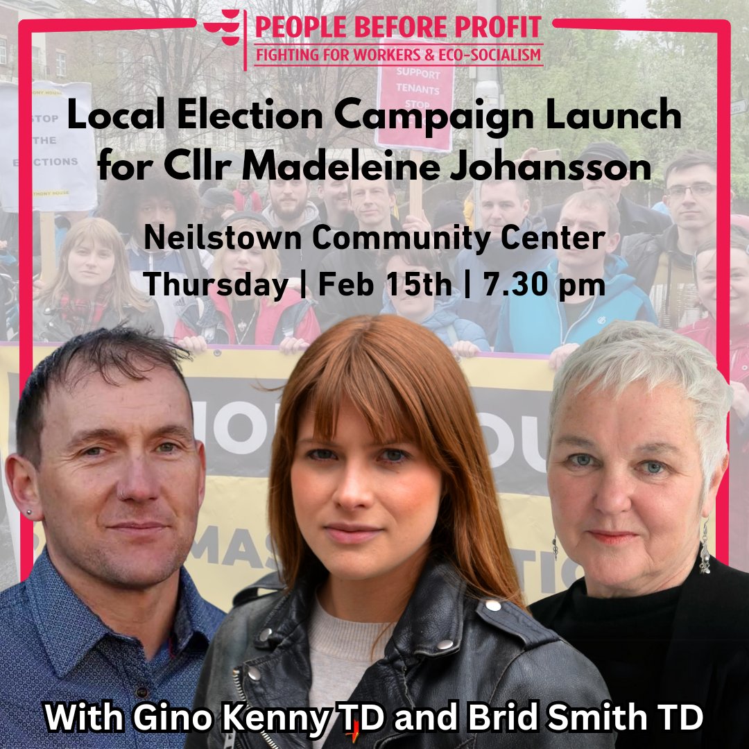 I'm launching my local election campaign  Thu 15th Feb 7.30pm in Neilstown Community Centre.

There will be a discussion about the housing crisis and why we need socialists in the council. 

I will be joined by Gino Kenny TD and Bríd Smith TD. 

#PeopleBeforeProfit #PBP #LE24