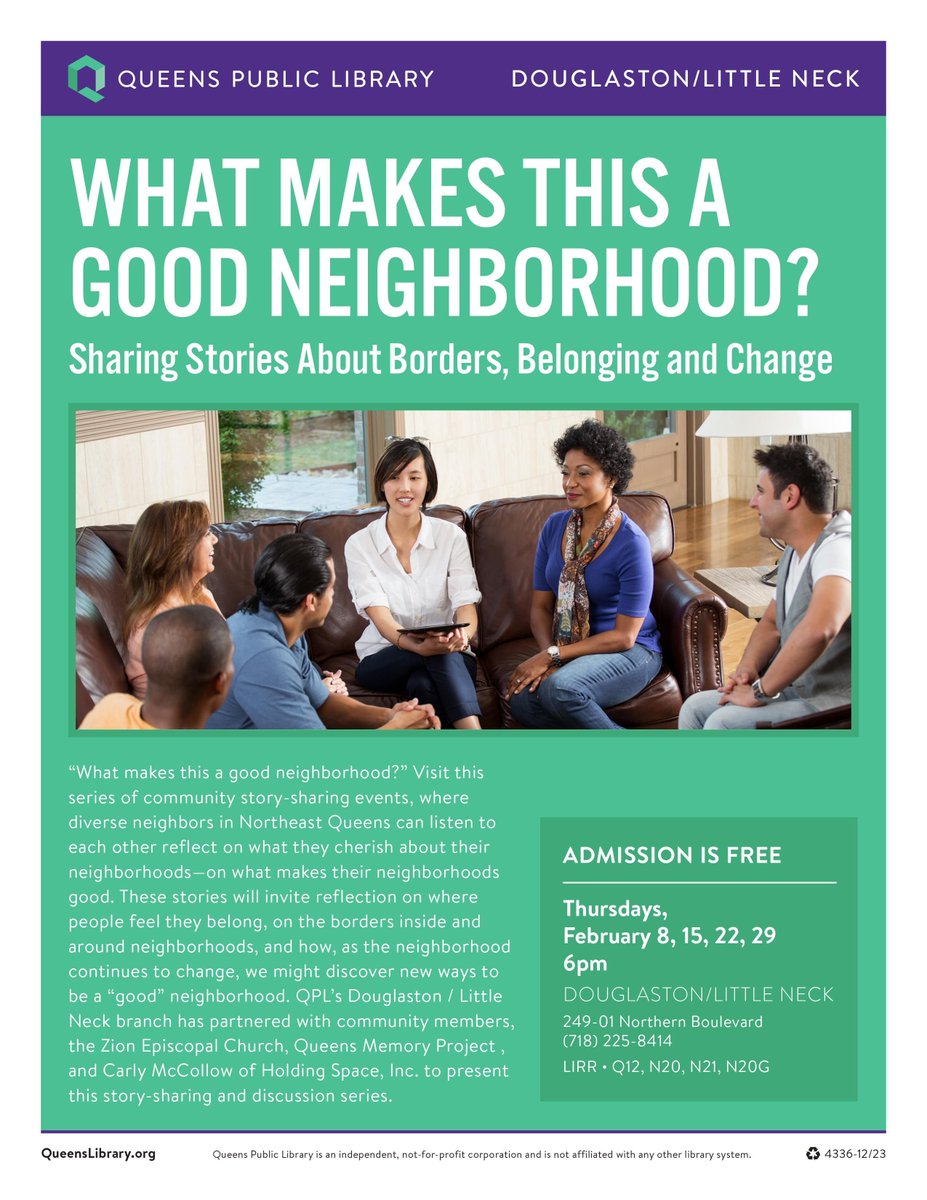 QueensMemory's tweet photo. Our โWhat makes this a good neighborhood?โ discussion series in #Douglaston #LittleNeck continues on Thursdays this month - February 15, 22, and 29 - at @qplnyc from 6 - 7:30pm EST. Many ๐ to our partners, Zion Episcopal Church & Carly McCollow of Holding Space, Inc. https://t.co/rvZkS93ZDp
