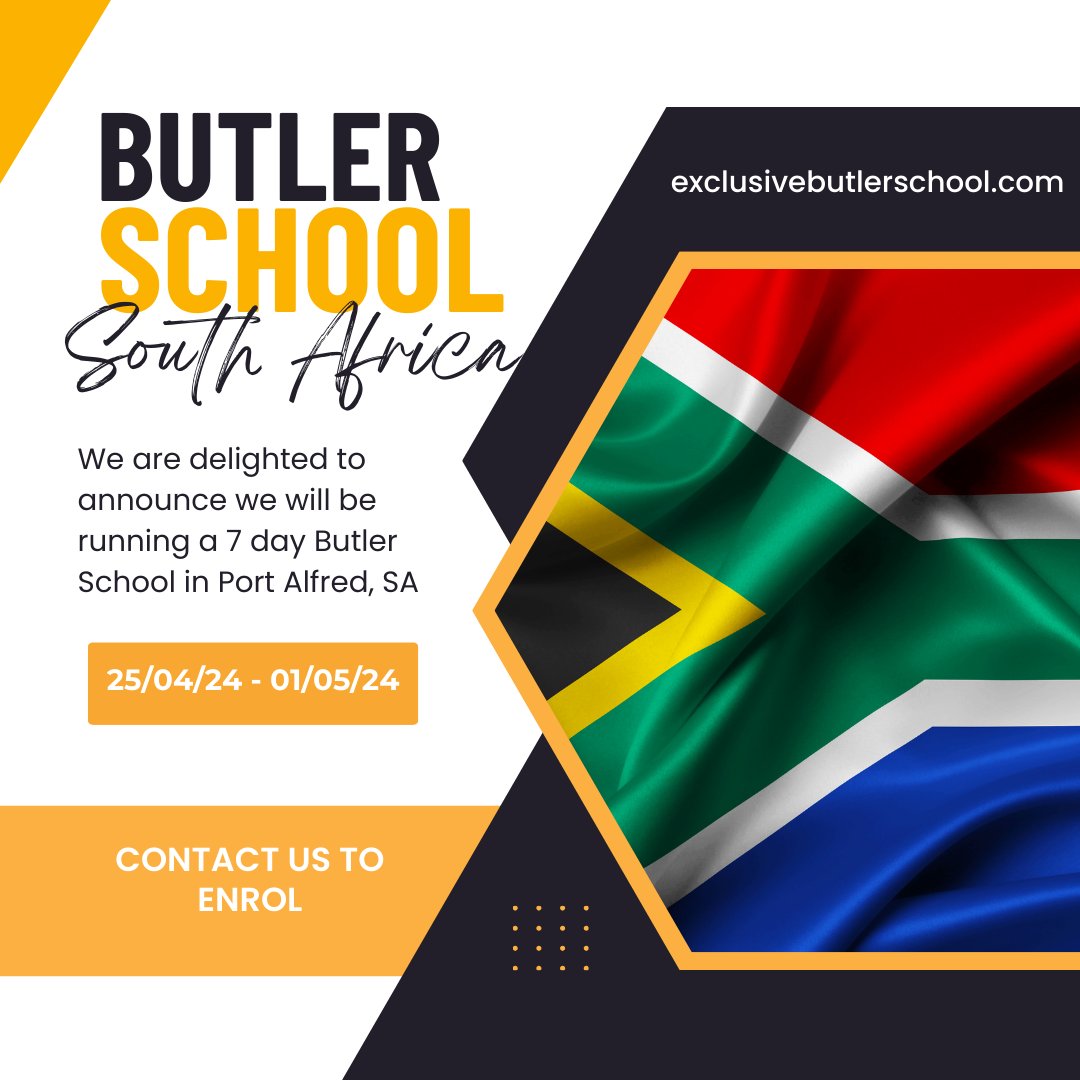 Coming Soon..... Butler School South Africa! We are running a 7-Day Butler School in Port Alfred SA, from the 25th of April to the 1st of May 2024. Email info@exclusivebutlerschool.com for more information. #SA #southafrica #portalfred #ebs #butler #training