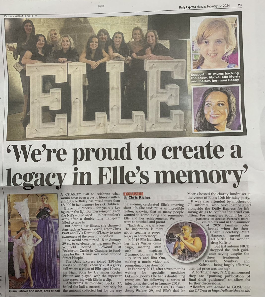 What a great piece in the paper today and £8,000 raised for <a href="/cftrust/">Cystic Fibrosis Trust</a> and <a href="/GOSHCharity/">Great Ormond Street Hospital Charity</a> , what a way to remember Elle and her #elleswishes campaign! Thank you as ever <a href="/ChrisMRiches/">Chris Riches</a> and <a href="/Daily_Express/">Daily Express</a> 
<a href="/CFno1LeftBehind/">#UK CF campaigner Sharon</a> 
<a href="/gemmaleighweir/">gemmaleighweir</a> 
<a href="/eabibb/">Beth Finn</a>