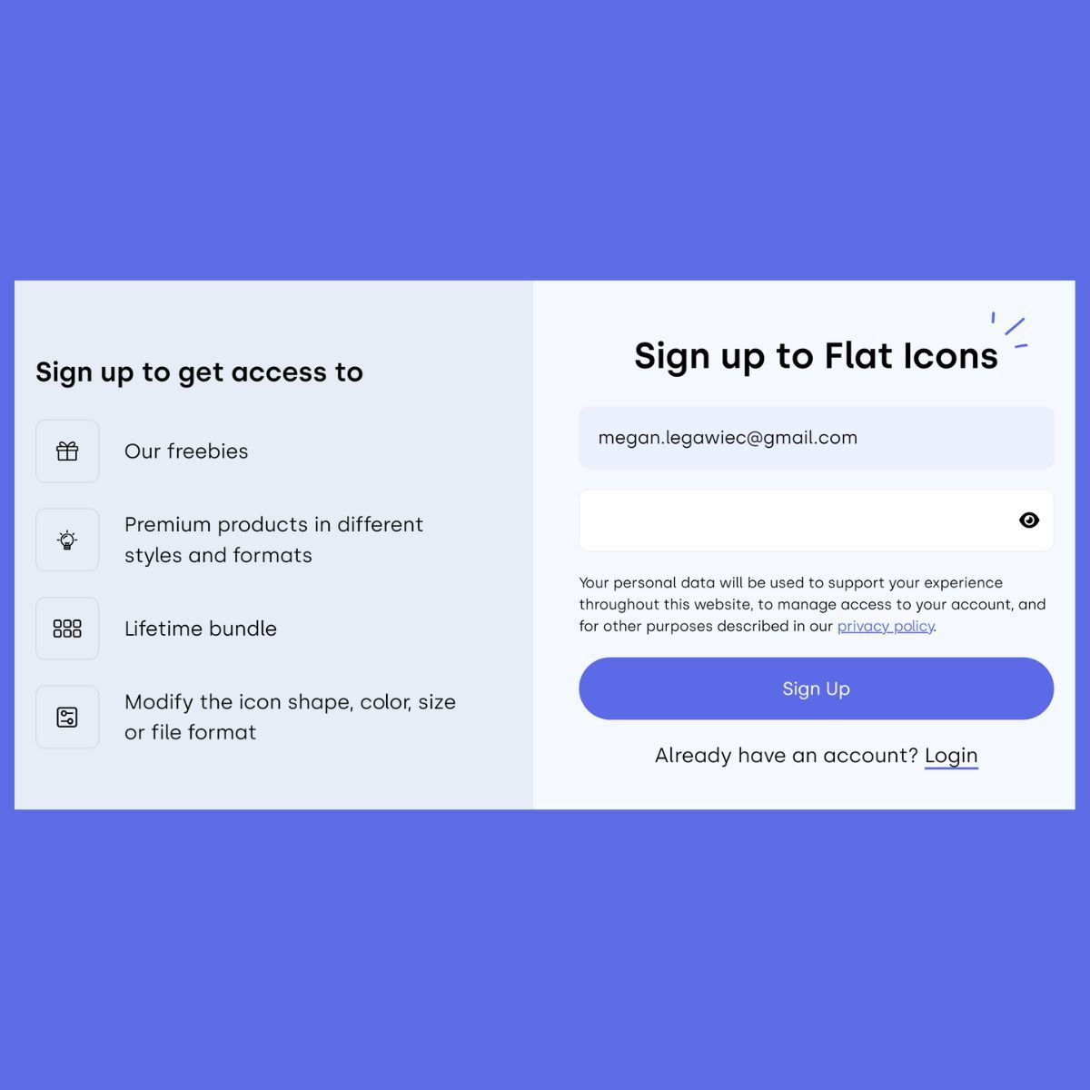If you haven't used Flat Icons, you really should! Best of all, I don't need to tell you why because they did a great job of using their signup screen to highlight the value proposition.

What do you think, though?  What do you love? What would you change? 👇

#UXTips #UX