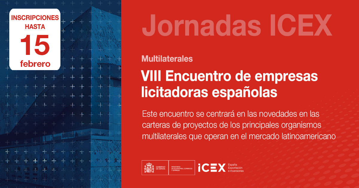 Últimos días para inscribirse en el VIII Encuentro de empresas españolas licitadoras donde conoceremos las novedades de los principales organismos multilaterales que operan en el mercado latinoamericano.

🔗  icex.es/es/todos-nuest…

#ICEX #internacionalizacion