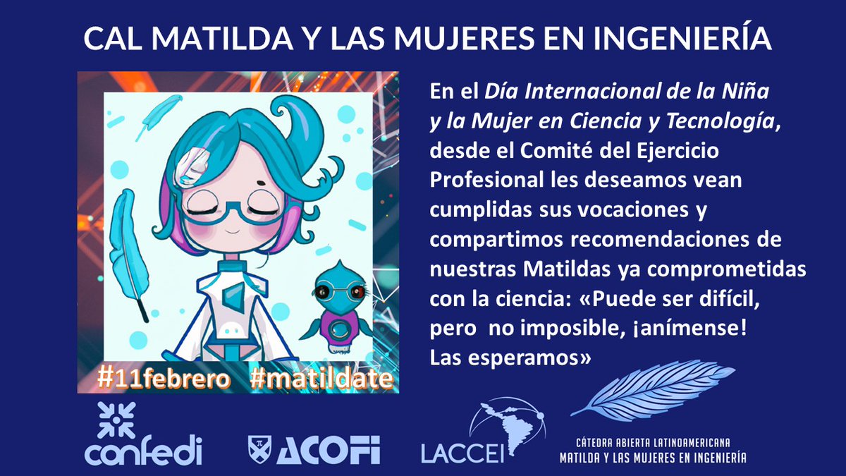 Desde el Comité de Ejercicio Profesional de la <a href="/catedramatilda/">@catedramatilda</a> les dejamos este saludo.
#11Febrero #MujeresSTEM #CEPCALM 
🫂👩‍🔬⚛️👩‍🔧👩‍💻