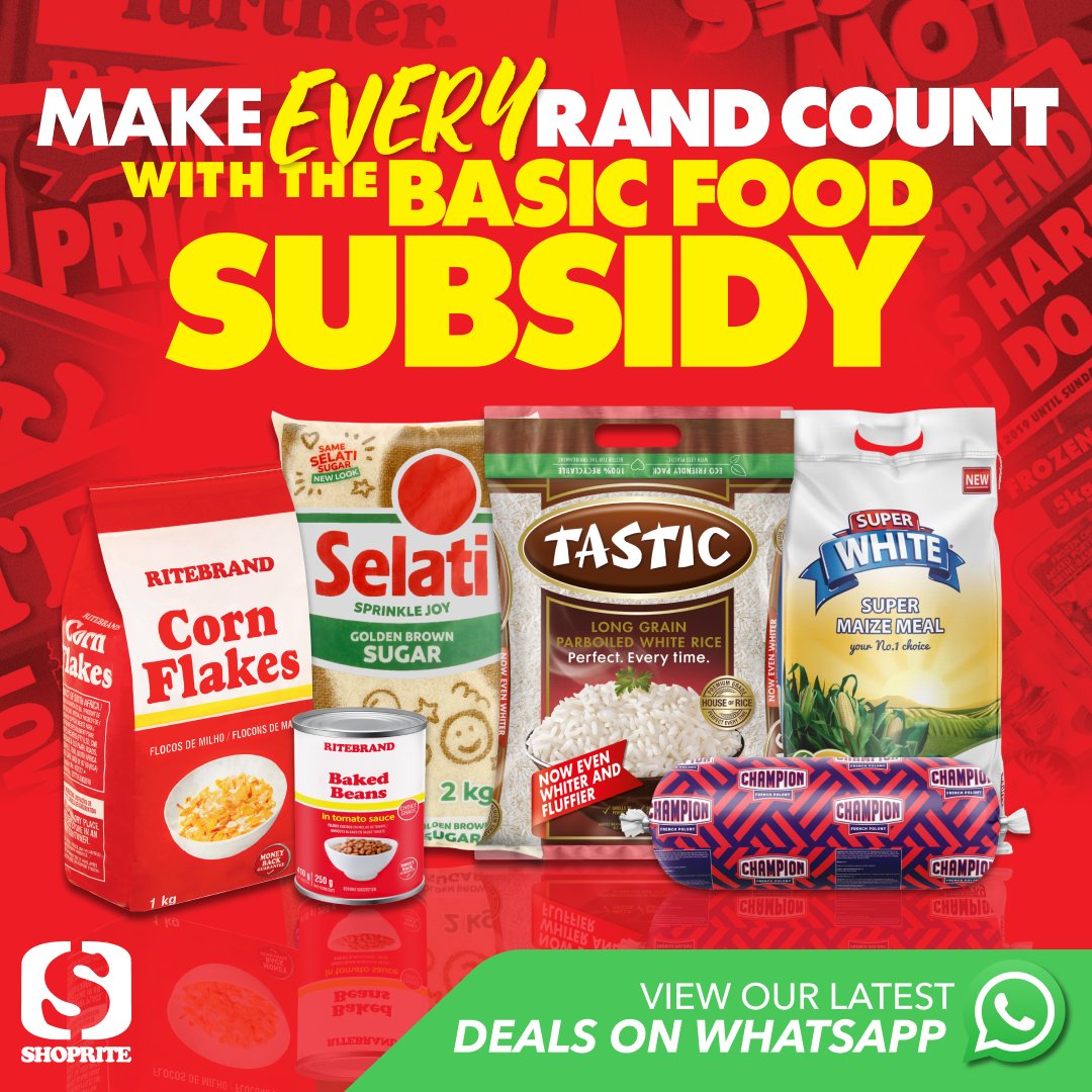 Shoprite_SA's tweet photo. Get all your pantry essentials for less with our Basic Food Subsidy. Shop our low price deals and SAVE 🔥🛒 Valid until 25 February 2024. Click to view on WhatsApp: https://t.co/v5rJIjx74o
#ShopriteSA #EveryRandCounts #ShopriteSavers #LowPrices #ShopriteSubsidy https://t.co/PtKaR7Uz8m