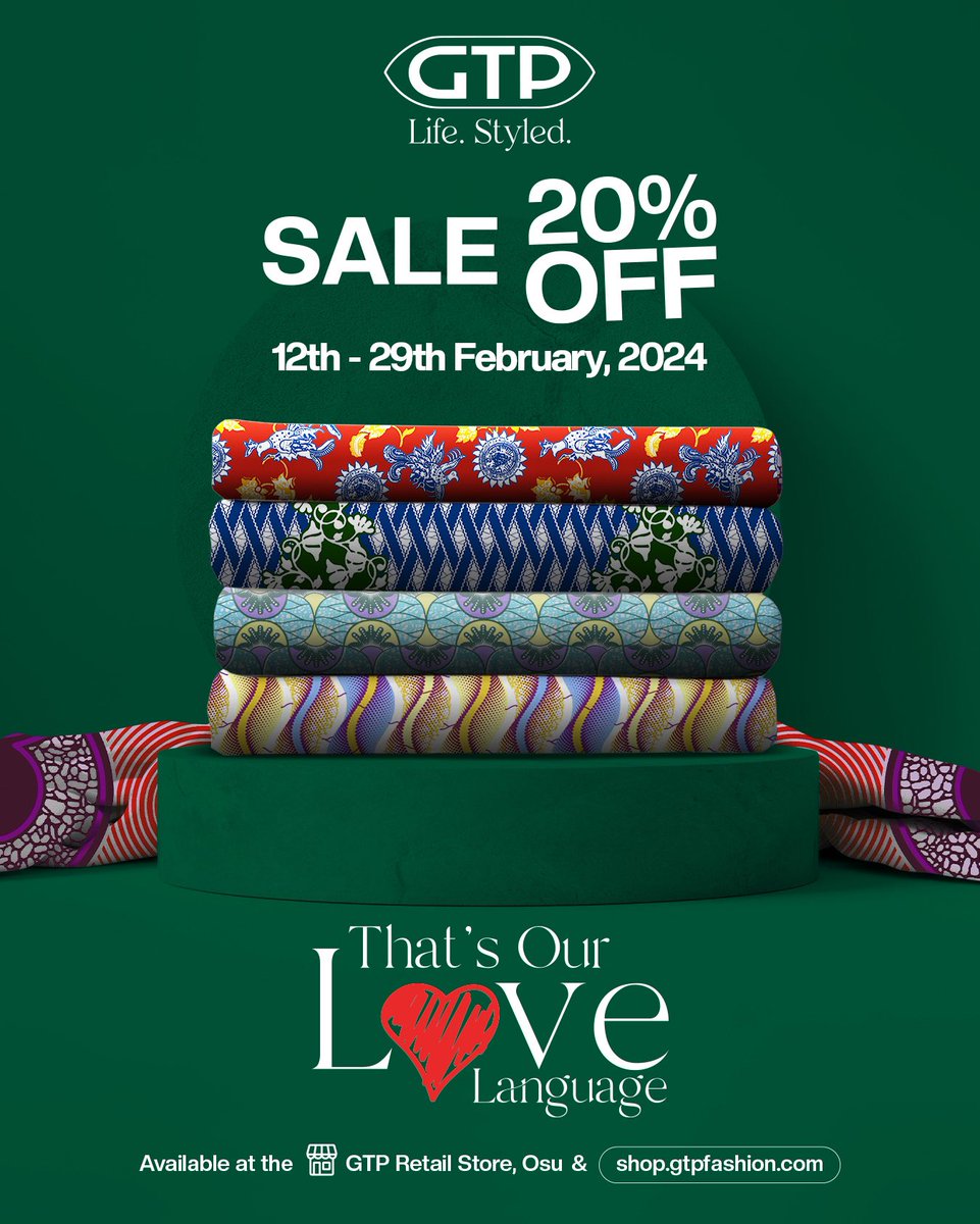 Self-love? Romantic love? Family love? Celebrate each and every one with our fabrics and ready-to-wear this Valentine. Enjoy a 20% off discount from now till 29th February. 

Visit our retail shop located at Osu- Oxford street or our website shop.gtpfashion.com to shop now.