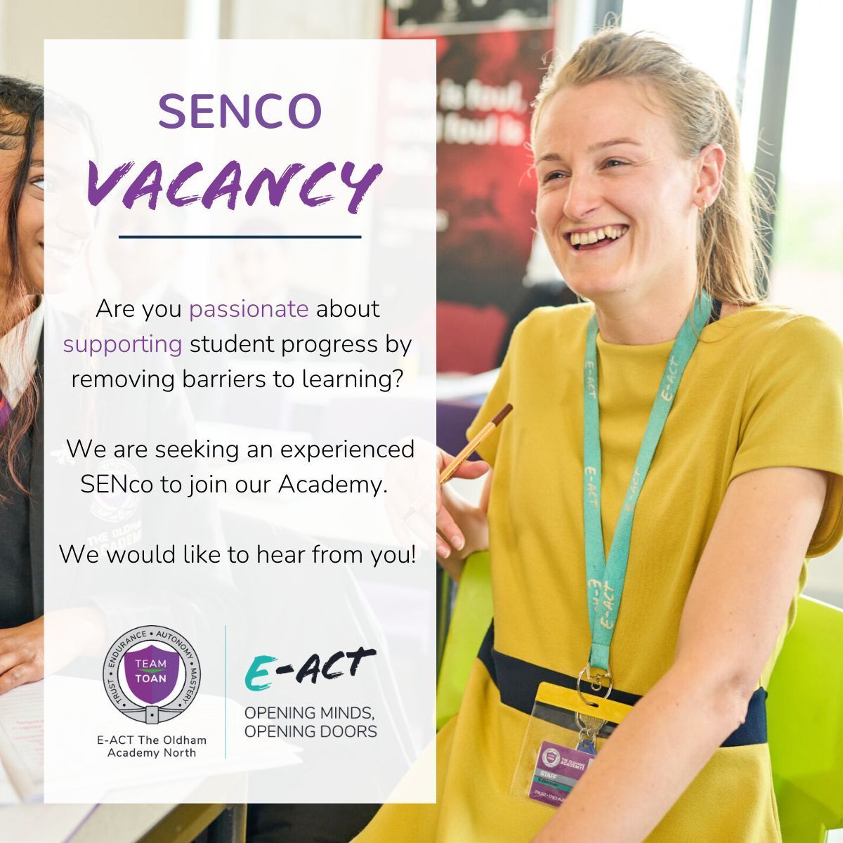 EducationEACT's tweet photo. 🌟Ready to make a real difference?🌟

Are you a passionate and dedicated SENCO ready to make a difference at an Academy that values trust, endurance, autonomy and mastery? Join the team at E-ACT The Oldham Academy North! 

Apply: https://t.co/TjsM7GSs1T 

#WeAreEACT #sencojob https://t.co/abCk5MHs2Z