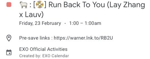 Lay’s new song added to the calendar, with pre-save links.

🆕 Run Back To You - Lay Zhang x Lauv

(I have assumed the release time to be midnight China Standard Time, but will update if/when a release time is announced.)

#RB2U <a href="/layzhang/">Lay Zhang</a> <a href="/lauvsongs/">lauv</a>
