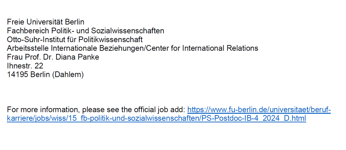 #CfA postdoc researcher in International Relations @FU_Berlin. Full-time position, up to 6 years, involves teaching, and ample opportunities for collaboration in a research-active team. More info: fu-berlin.de/universitaet/b… Deadline: 4 March 2024 @scriptsberlin @BerlinUAlliance