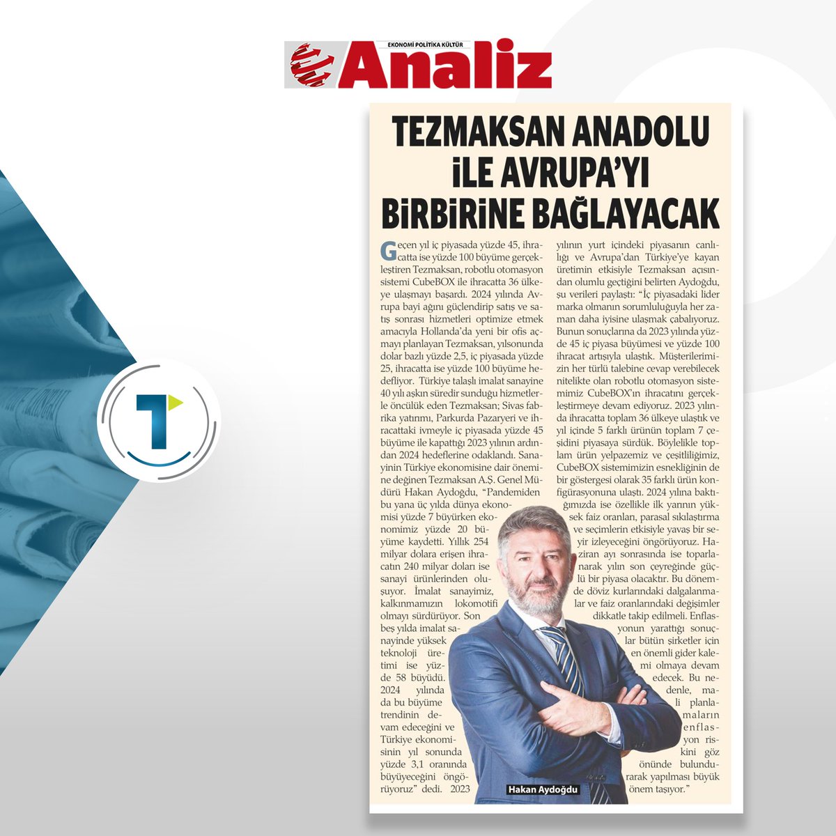 TezmaksanMakina's tweet photo. Bu hafta basında çıkan haberlerimizi sizler için derledik! 🔍💡🗞
#tezmaksan #basınhaberleri #akşam #analiz #dünya #milliyet #yenibirlik #türkiye #basın #gazete #cnc #cubebox #parkurda #sanayi #üretim #teknoloji #ihracat #talaşlıimalat #takımtezgahları https://t.co/ayjXZXzzdB