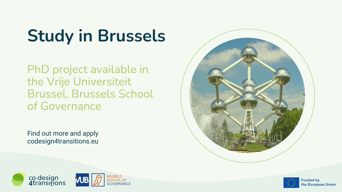 Study in #Brussels! #PhD in @Brussels_School @VUBrussel where interdisciplinary research is conducted in a range of fields e.g. digitalisation, democracy & innovation.
👉 codesign4transitions.eu/position/DC10/
#CoDesign4Transitions @MSCActions #HorizonEurope #MSCA #DoctoralNetworks #belgiumjobs