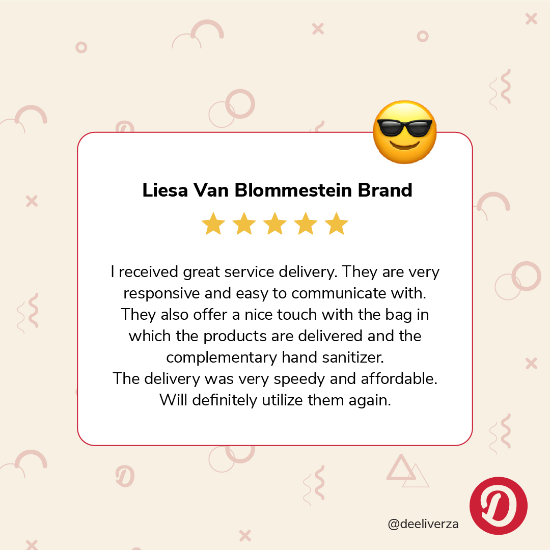 To serve you is our honour!

Thanks for the lovely review, Liesa 🌟

Experience five-star service and a 5-star selection of booze and convenience goods at deeliver.co.za 🛒

Same-day delivery available! ⚡️🚗

#Deeliver #AtYourConvenience #PremiumLiquorDeliveryCapeTown