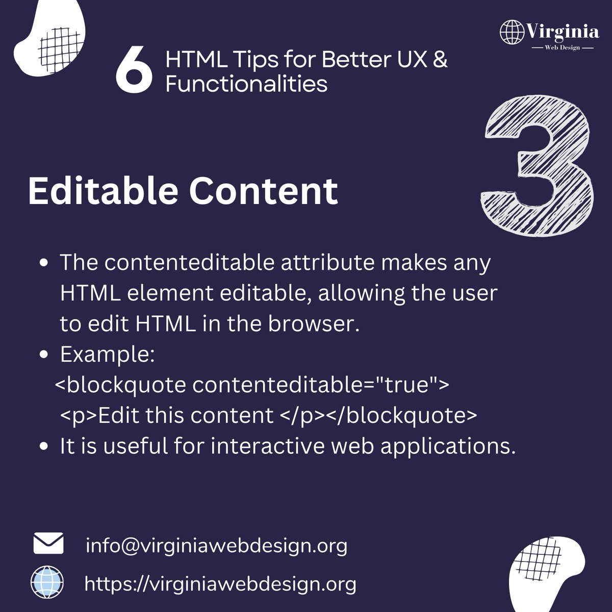 VAWebCreators's tweet image. Explore the power of Editable Content to create dynamic and interactive web pages. 

#HTMLAttributes #UserExperience #WebDevelopment&quot;