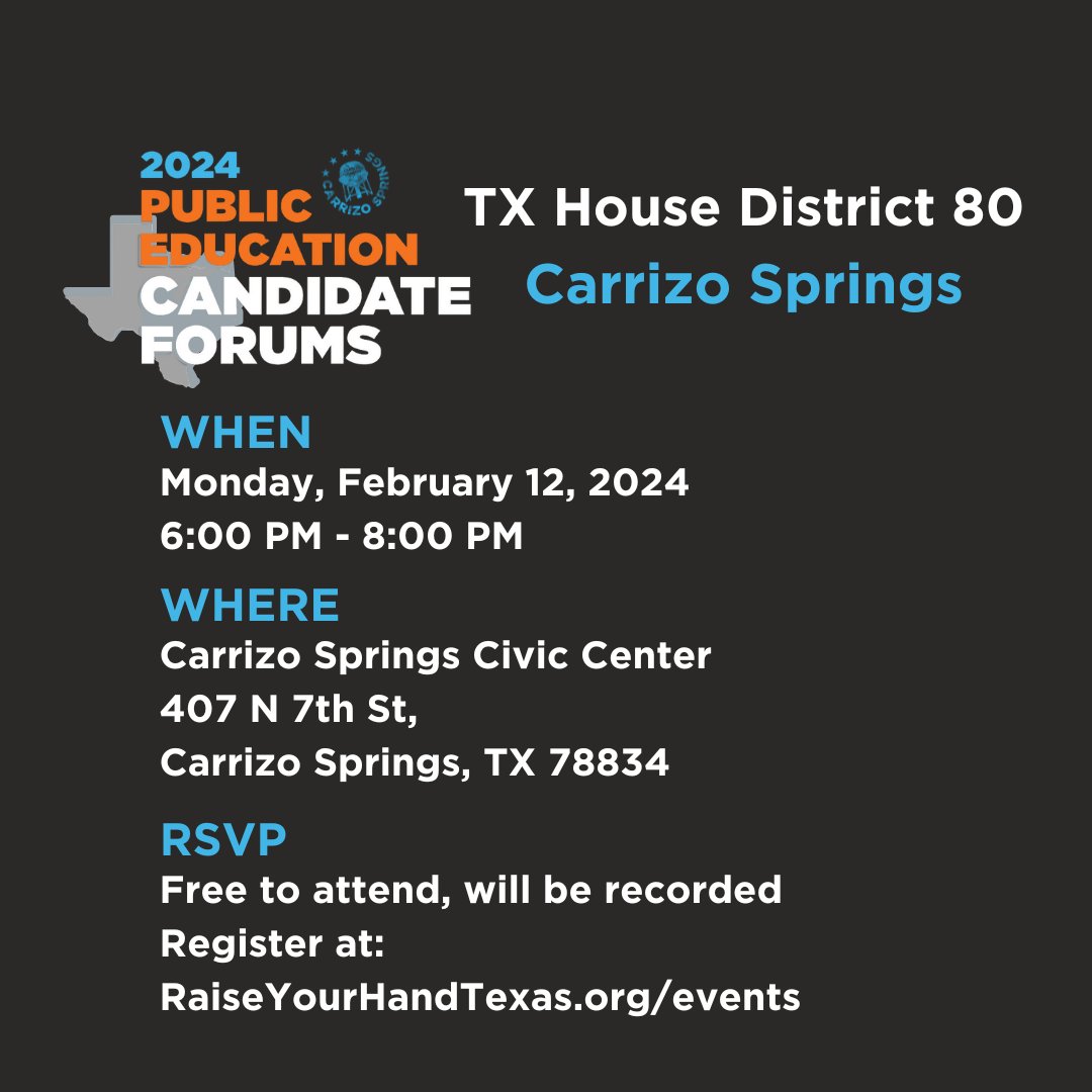 RYHTexas's tweet image. We have TWO exciting Public Education Candidate Forum events in #Lumberton and Carrizo Springs tonight! Tell your friends in South and East Texas - whether they attend or catch the recorded forum later, they won't want to miss this. #TXEd #TXLege #HD80 #HD18 #CarrizoSprings