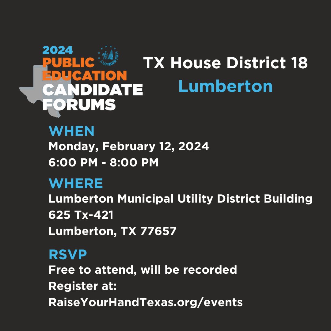 RYHTexas's tweet image. We have TWO exciting Public Education Candidate Forum events in #Lumberton and Carrizo Springs tonight! Tell your friends in South and East Texas - whether they attend or catch the recorded forum later, they won't want to miss this. #TXEd #TXLege #HD80 #HD18 #CarrizoSprings