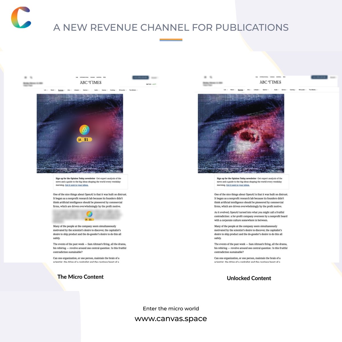 Publications and media companies are embracing new revenue streams through micro content monetization, allowing readers to buy specific article sections without committing to long-term subscriptions. 

Discover more at canvas.space.

#CreatorEconomy #CanvasSpace