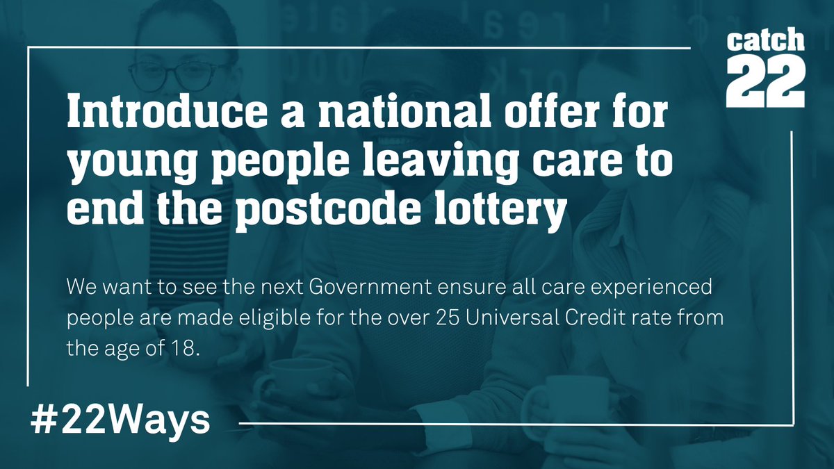 At Catch22, we're calling for care experienced people to be given the over-25 Universal Credit rate from 18. At 18, they are expected to be financially independent, compared to peers who are generally not leaving home until 24: ow.ly/T9GZ50PGMy3 #22Ways