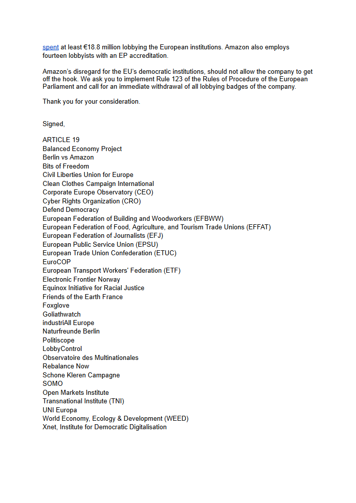 BREAKING🇪🇺: Today, in an open letter to @EP_President, more than 30 trade unions and civil society organisations support Members of European Parliament’s (MEPs) demand to strip Amazon lobbyists of their parliamentary access. Read the full story here: tinyurl.com/4brzsy69